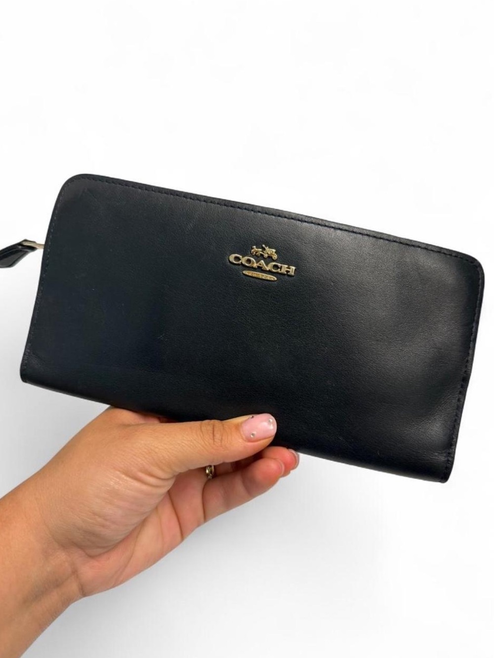 Coach Black Leather Zip-Around Wallet with Gold Logo